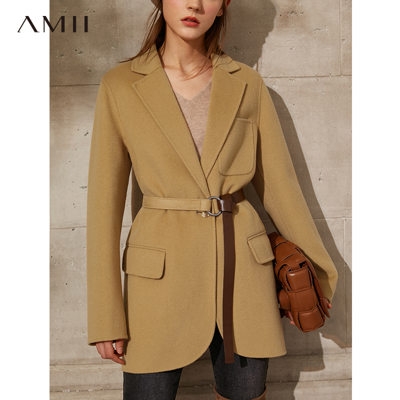 Amii双面呢纯羊毛毛呢大衣女秋装新款收腰中长款西装领毛呢外套