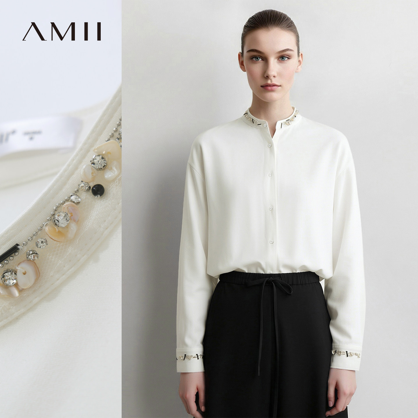 Amii2026秋新款香风钉珠织带立领落肩袖衬衫女宽松长袖衬衣上衣