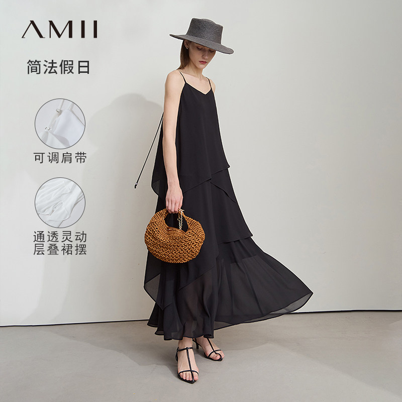 Amii2026秋极简温柔风层叠裙摆黑色白色宽松吊带长款雪纺连衣裙女