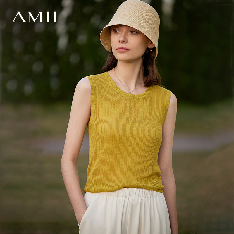 Amii2026夏新款圆领莱赛尔亚麻纱针织吊带背心女内搭百搭无袖上衣