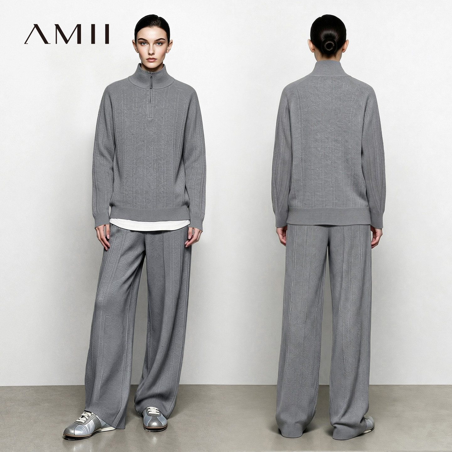 Amii2026冬新款立领半开襟毛衣休闲长裤套装女四平打花工艺两件套