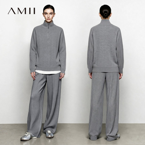 Amii2026冬新款立领半开襟毛衣休闲长裤套装女四平打花工艺两件套