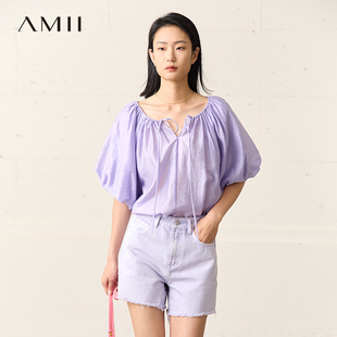 抽绳系带V领雪纺衫 Amii2025夏新款 灯笼袖 极简薄款 女 宽松泡泡袖