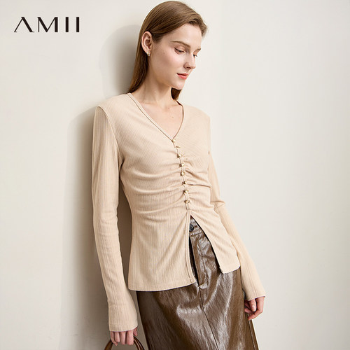 Amii【法式优雅】26秋法式优雅门襟褶皱显瘦针织打底衫秋冬可外穿