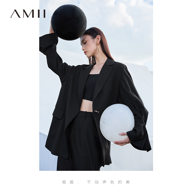Amii极简慵懒风西装女2025秋季新款中长款宽松显瘦外套黑色小西服