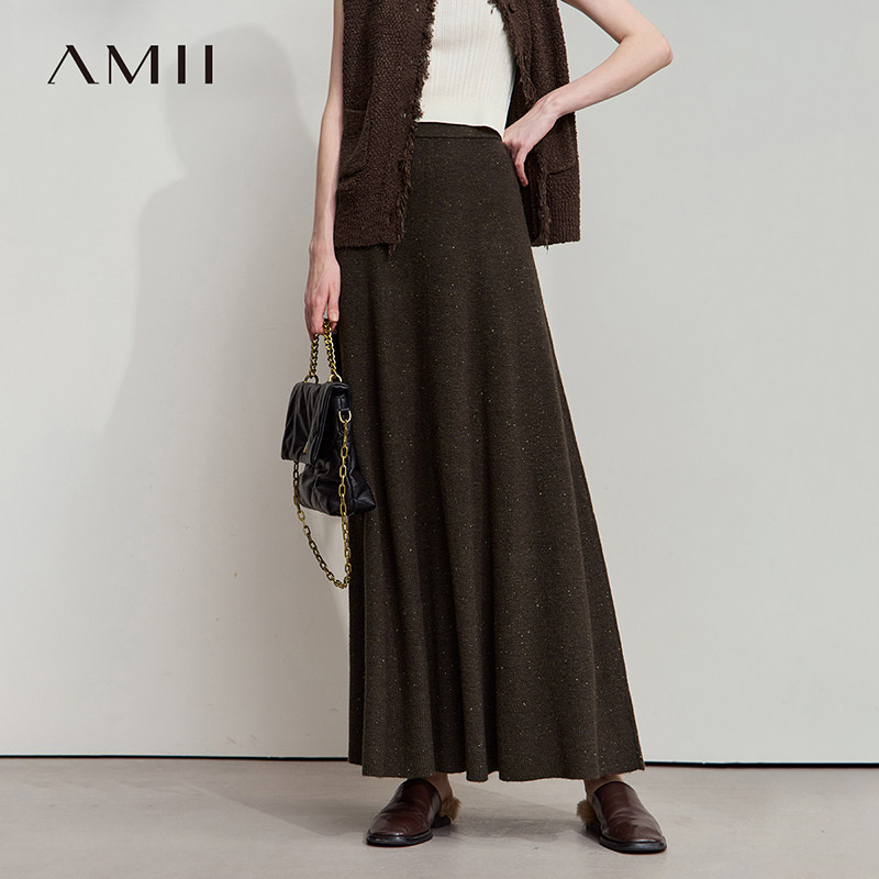 Amii极简温柔风长款大A摆彩点纱半身裙女秋季宽松橡筋腰针织长裙