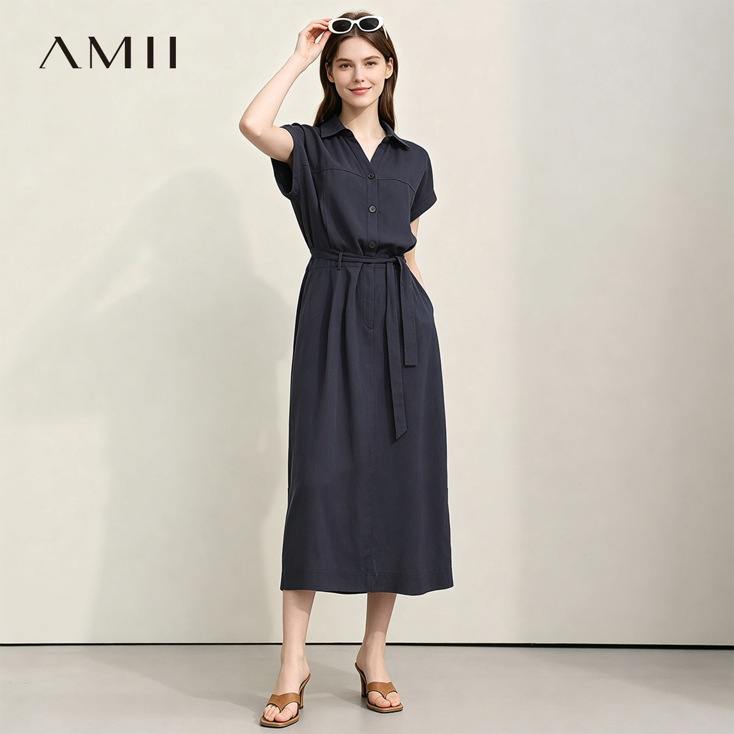Amii【莱赛尔亚麻连衣裙】26夏韩版气质通勤长款收腰绑带长裙女