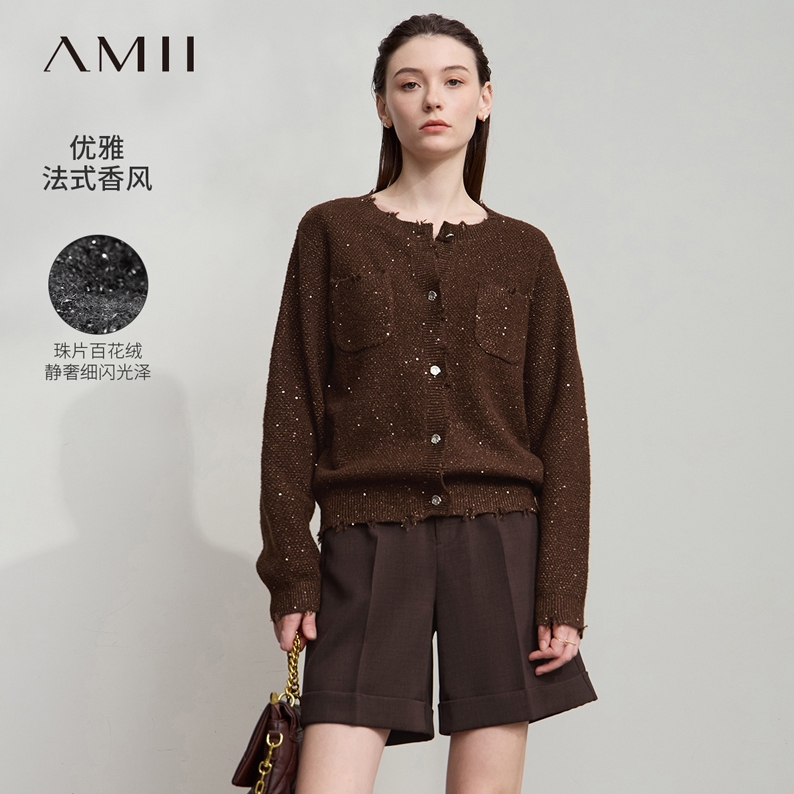 Amii优雅香风珠片圆领落肩袖针织开衫女2025秋季新款手工毛边上衣