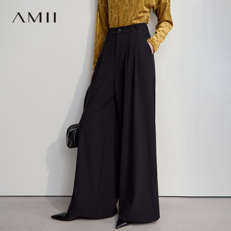 Amii2025秋款洒脱百搭藏肉垂感收褶微喇裤休闲长裤女通勤黑色裤子