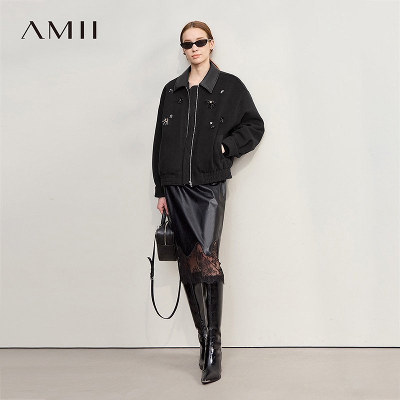 皮革翻领拉链钉珠饰双面拉毛外套