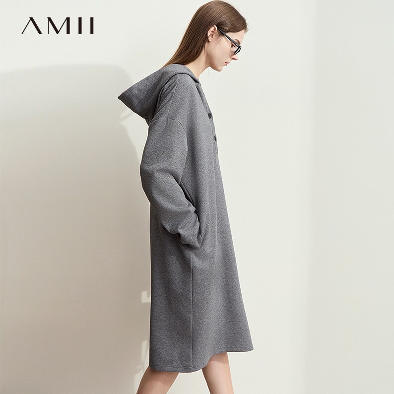 AMII【韩版休闲】秋秋韩版简约休闲秋款连衣裙帽衫连衣裙秋秋