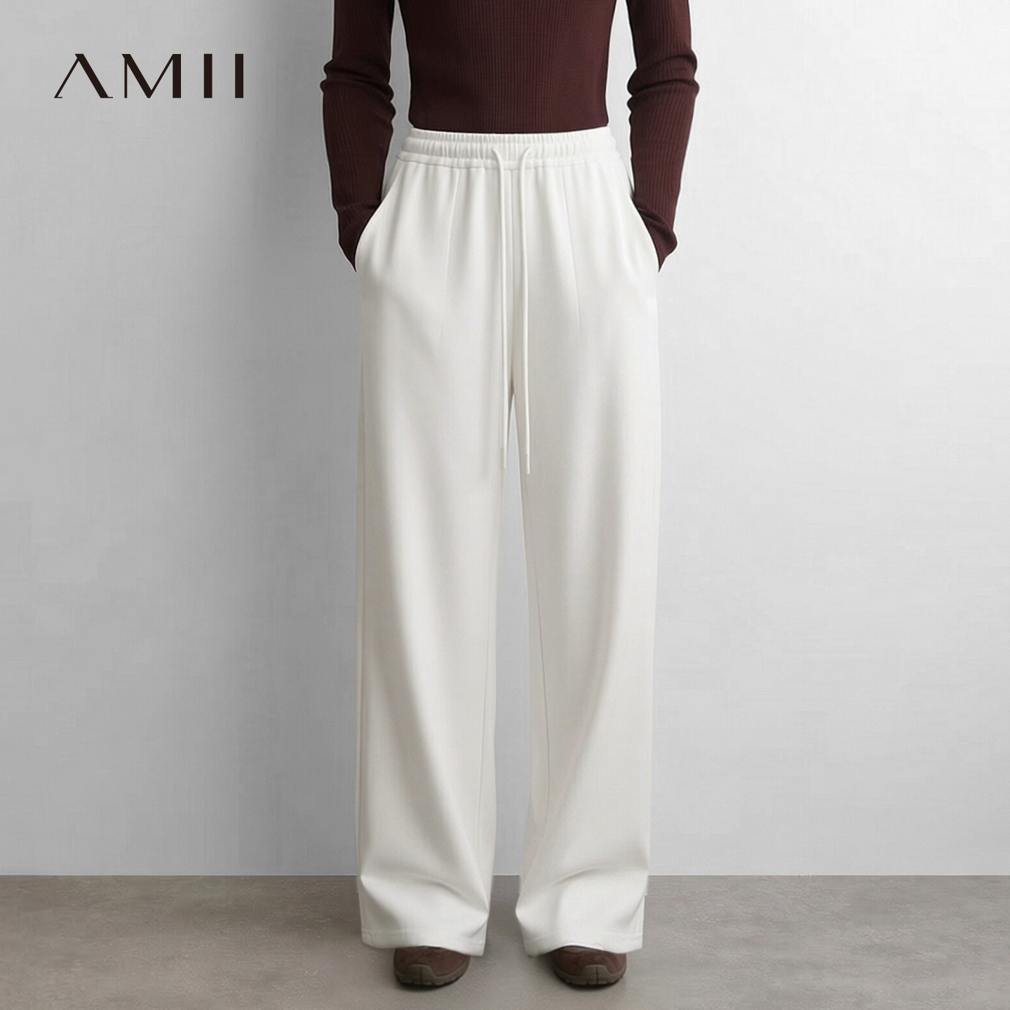 Amii2026秋新款松弛通勤风绑带阔腿裤休闲长裤女橡筋腰宽松裤子
