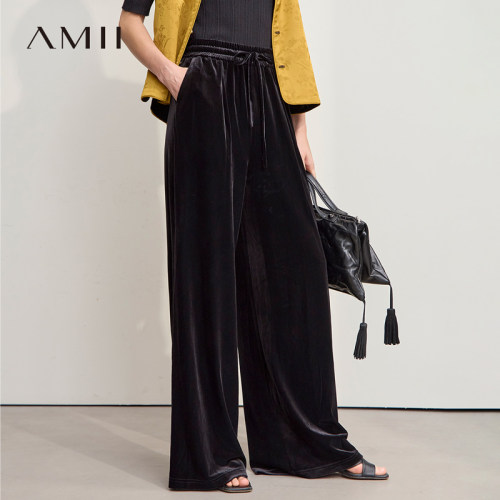 Amii【韩版休闲】2026秋季韩系休闲丝绒宽松直筒阔腿长裤休闲裤女