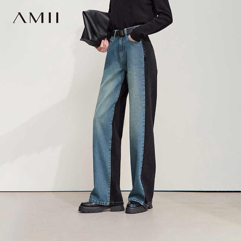 Amii复古港风水洗拼色宽松阔腿牛仔裤女式春秋款2025新款休闲长裤