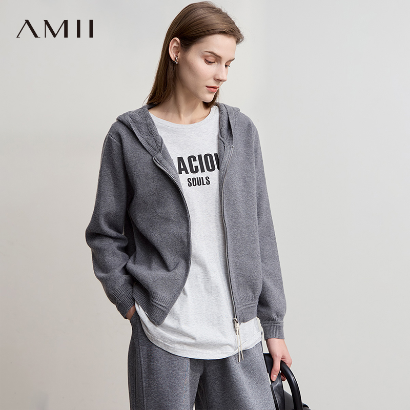Amii【韩版休闲】韩版休闲双开拉链连帽长袖针织外套秋冬外套毛衣