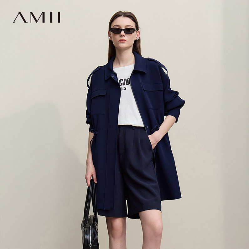 Amii2026春新款休闲风利落帅气翻领拉链抽绳风衣女宽松中长款上衣