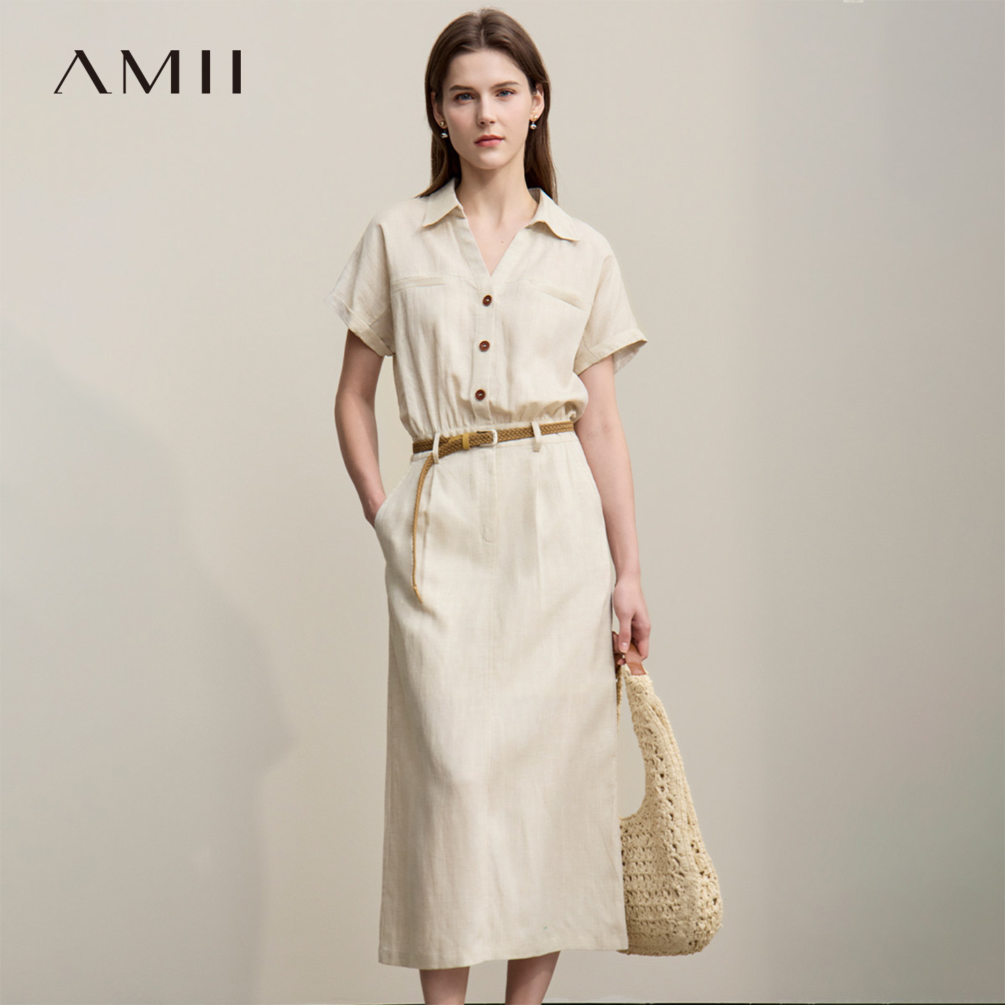 Amii【亚麻连衣裙】26夏韩版气质通勤衬衫长连衣裙收腰绑带连衣裙