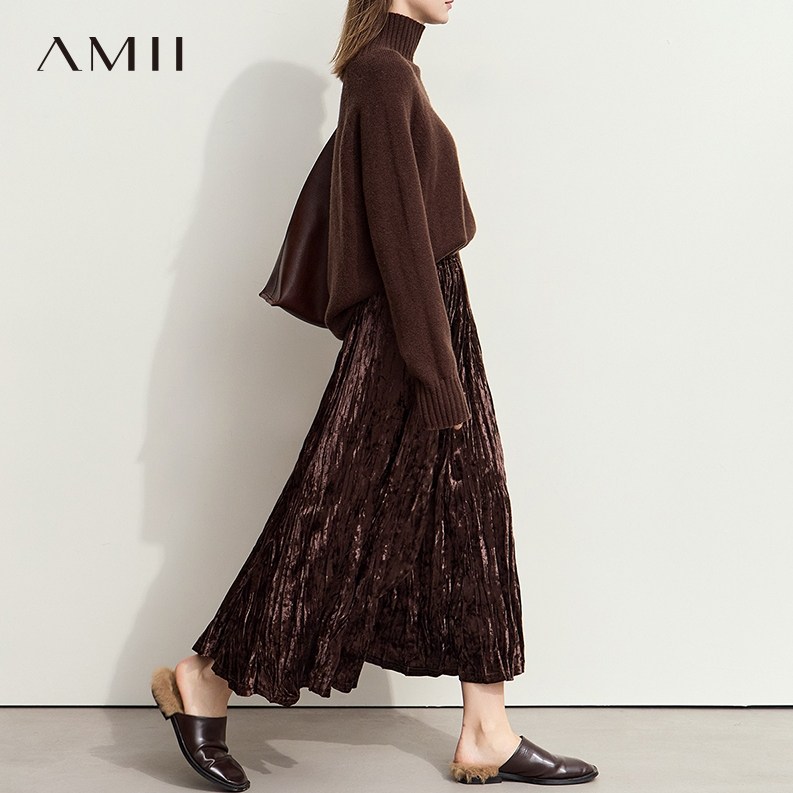 Amii复古摩登立体不规则压褶半身裙长裙女2025春秋新款丝绒百褶裙,女装/女士精品,半身裙,淘宝优惠券,粉丝福利购,淘宝优惠卷
