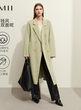 Amii2026冬新款西装领绵羊毛兔毛双排扣连袖双面呢大衣女毛呢外套