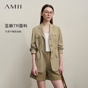 Amii2026春新款松弛气质西装领工装风亚麻外套女宽松开叉休闲上衣