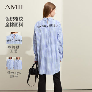 Amii字母珠片绣格纹衬衫 翻领一衣多穿配领带全棉上衣 女2025夏新款