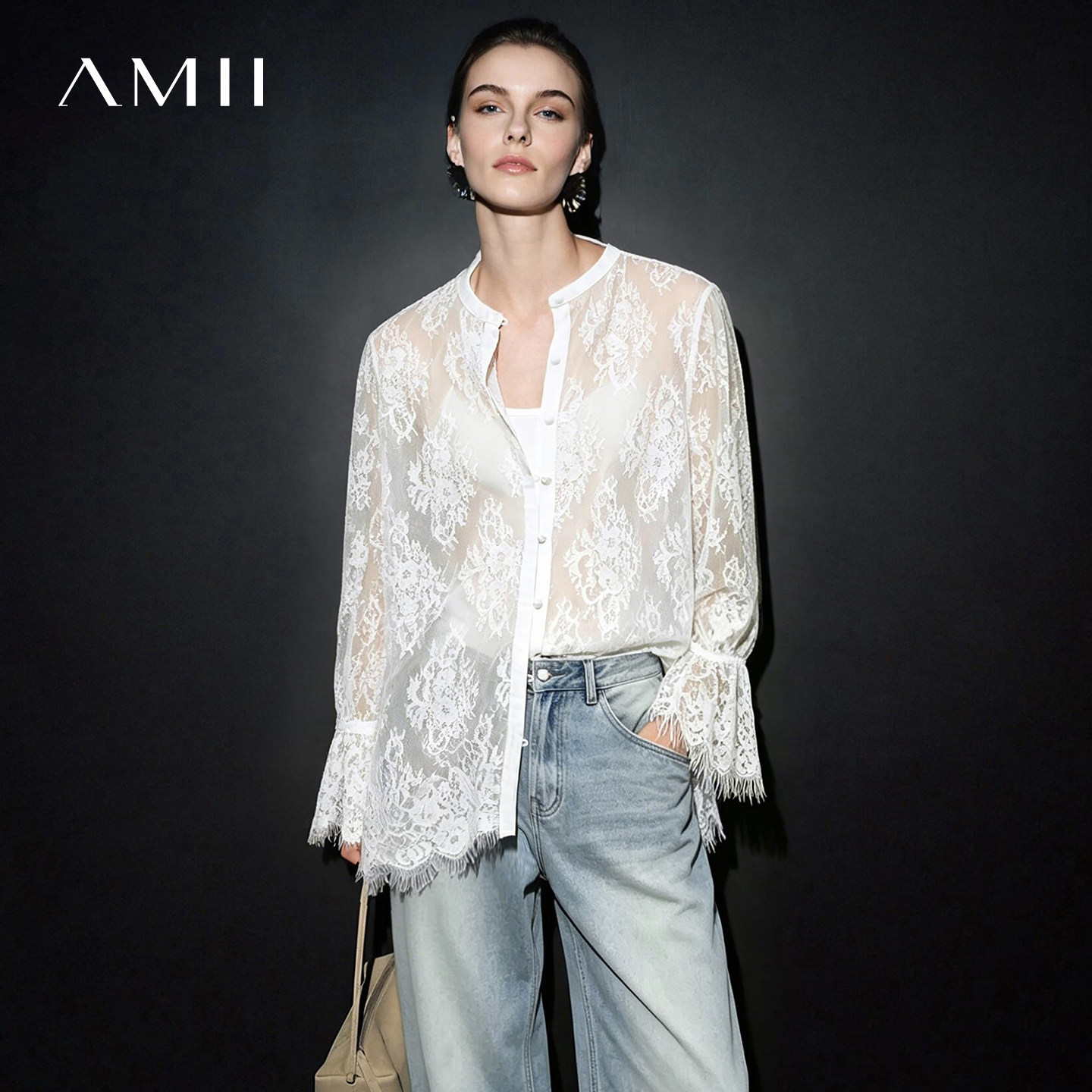 Amii2026秋新款度假风圆领睫毛蕾丝包布扣衬衫女薄款朦胧透视上衣