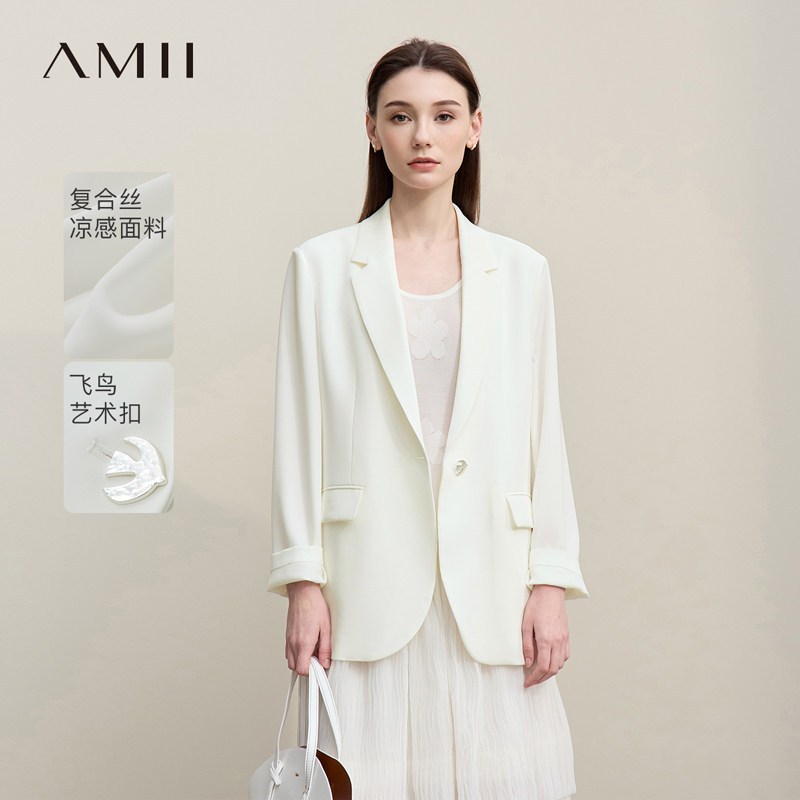 Amii2026春新款通勤风翻驳领飞鸟扣西装女宽松低重心西服中长上衣