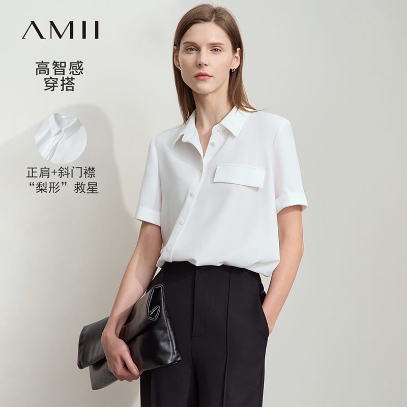 Amii通勤知性不对称斜门襟雪纺衫女夏季2025新款宽松翻领短袖上衣