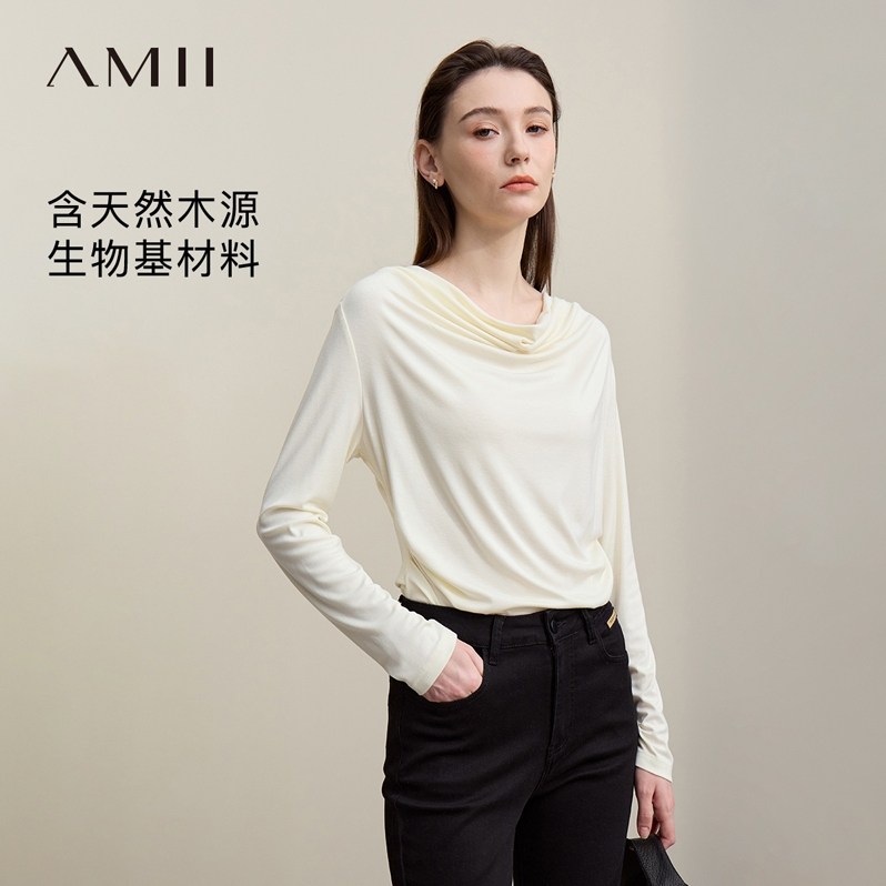 Amii法式荡领微收腰长袖T恤女2026春新款百搭松弛含兔绒针织上衣,女装/女士精品,T恤,淘宝优惠券,粉丝福利购,淘宝优惠卷