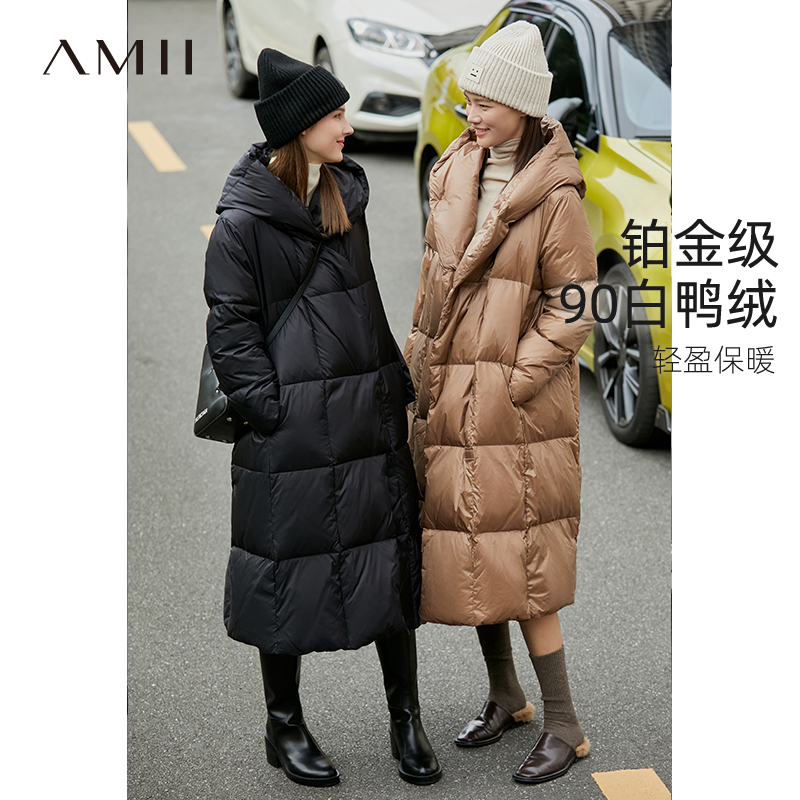 Amii极简90白鸭绒羽绒服2020冬季新款宽松连帽斜扣保暖长款面包服-封面