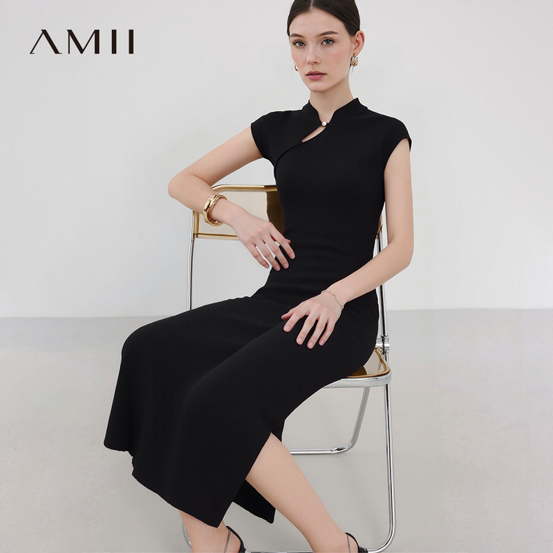 Amii2026夏新款新中式国风修身盖袖旗袍造型连衣裙女双曲纱裙子