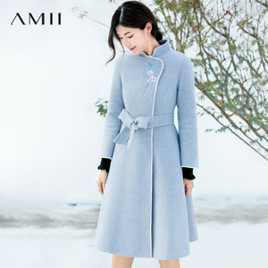 Amii2022年春新款立领绣花配腰带双面呢大衣女内外异色羊毛呢外套