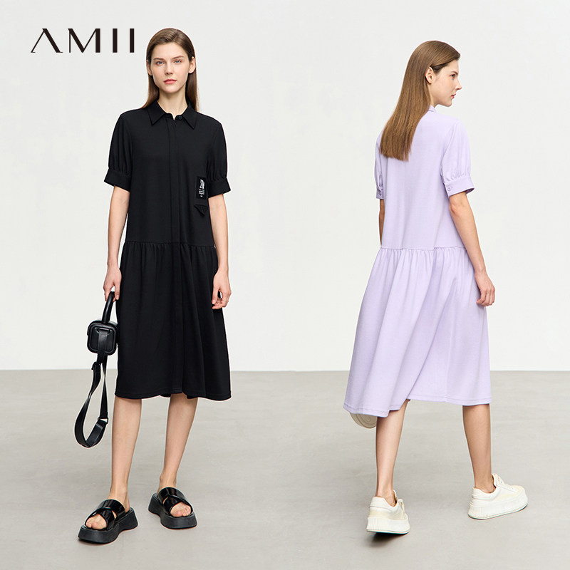 Amii2026夏新款翻领暗门襟兔子布标装饰短袖连衣裙女宽松碎褶裙子