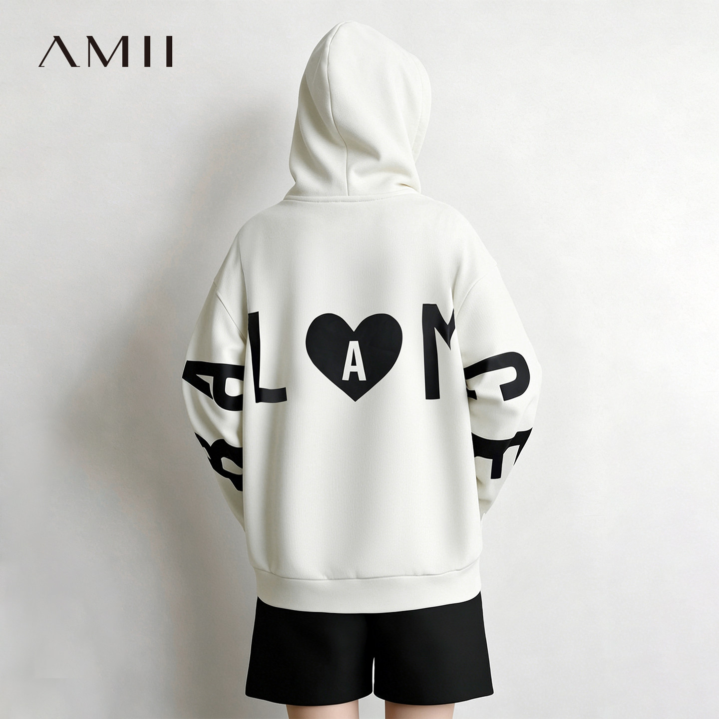Amii2026秋新款超宽松字母印花连帽珠地复合针织卫衣女落肩袖上衣