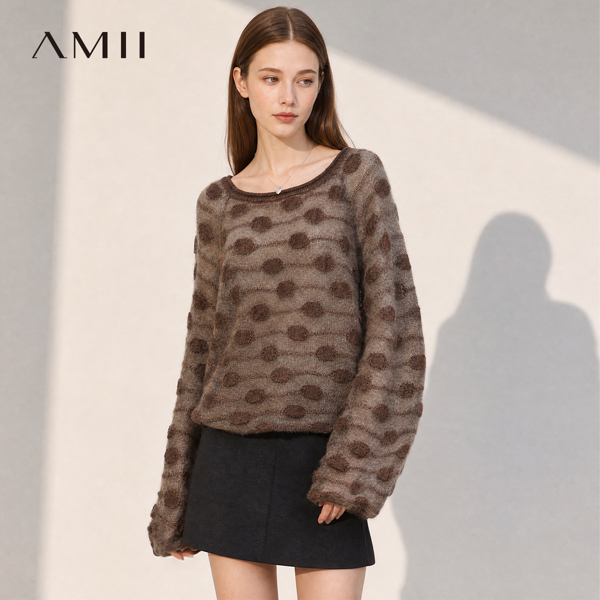 Amii【含绵羊毛马海毛】26秋韩版休闲拼色针织衫长袖针织衫
