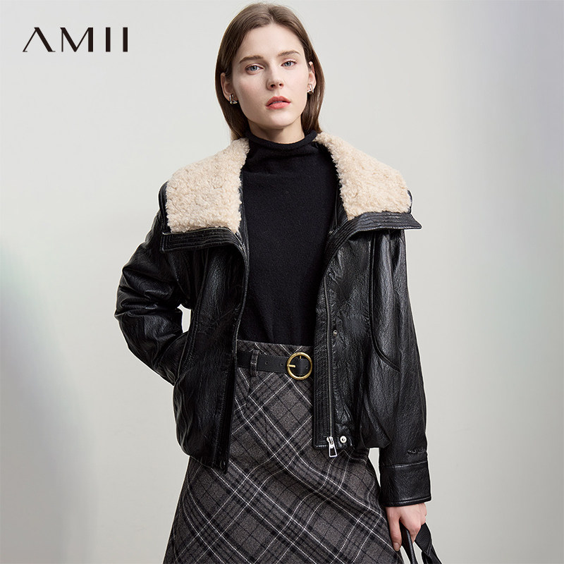 Amii【羽绒皮夹克】2026冬新款欧美复古风宽松PU皮衣羽绒服外套