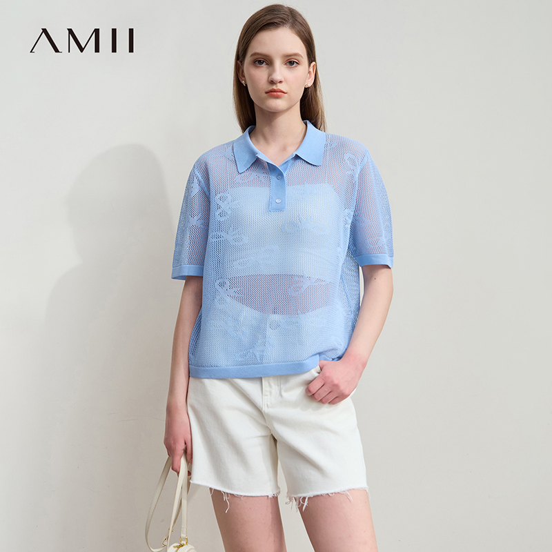 Amii薄款透肤提花短袖针织衫女夏季2025新款翻领套头宽松休闲罩衫
