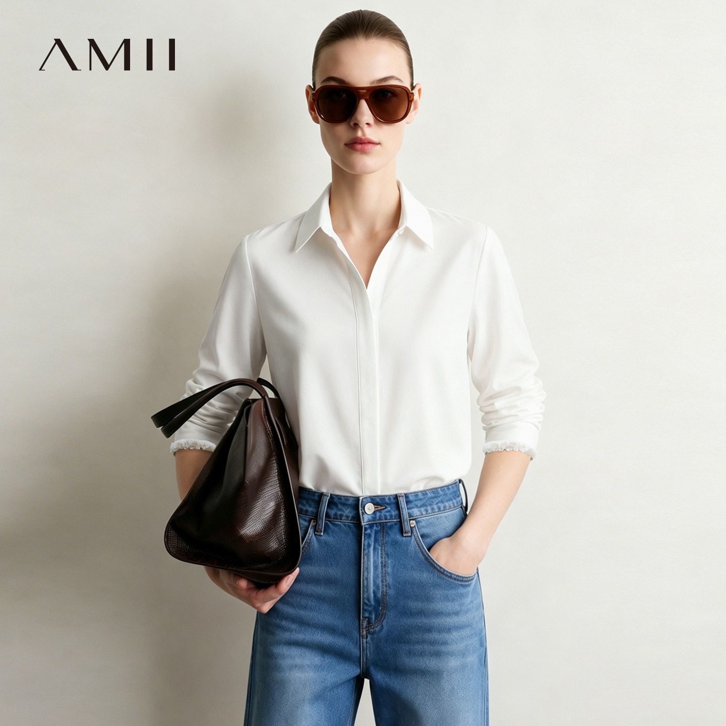 Amii2026秋新款珠片织带翻领暗门襟衬衫女宽松长袖中长衬衣上衣
