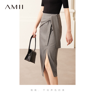 Amii2024早秋新款 通勤气质扭结绑带开叉半身裙直筒裙设计感裙子女