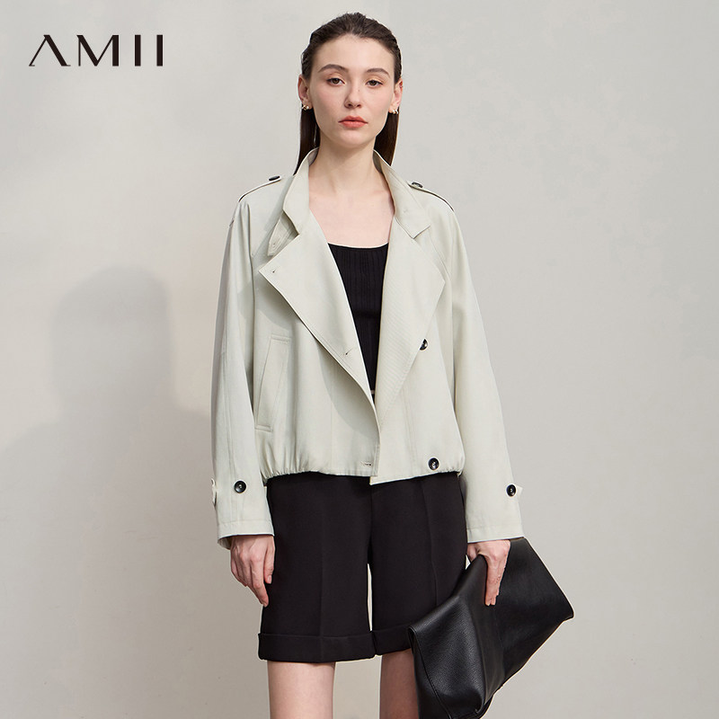 Amii【英伦风】2026秋季复古英伦风立领简约夹克短款款风衣女外套