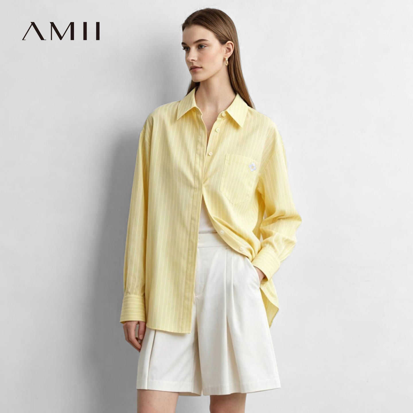 Amii2026秋新款休闲翻领落肩袖条纹衬衫女花朵刺绣衬衣宽松上衣