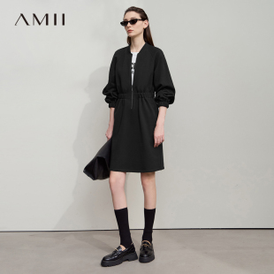 Amii极简宽松收腰短款长袖连衣裙女2025秋新款内薄绒拉链卫衣短裙
