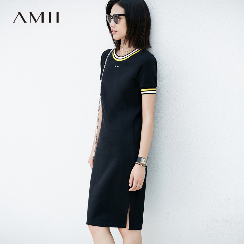Amii极简休闲运动连衣裙短袖2018春夏装新款女装中长直筒T恤裙子