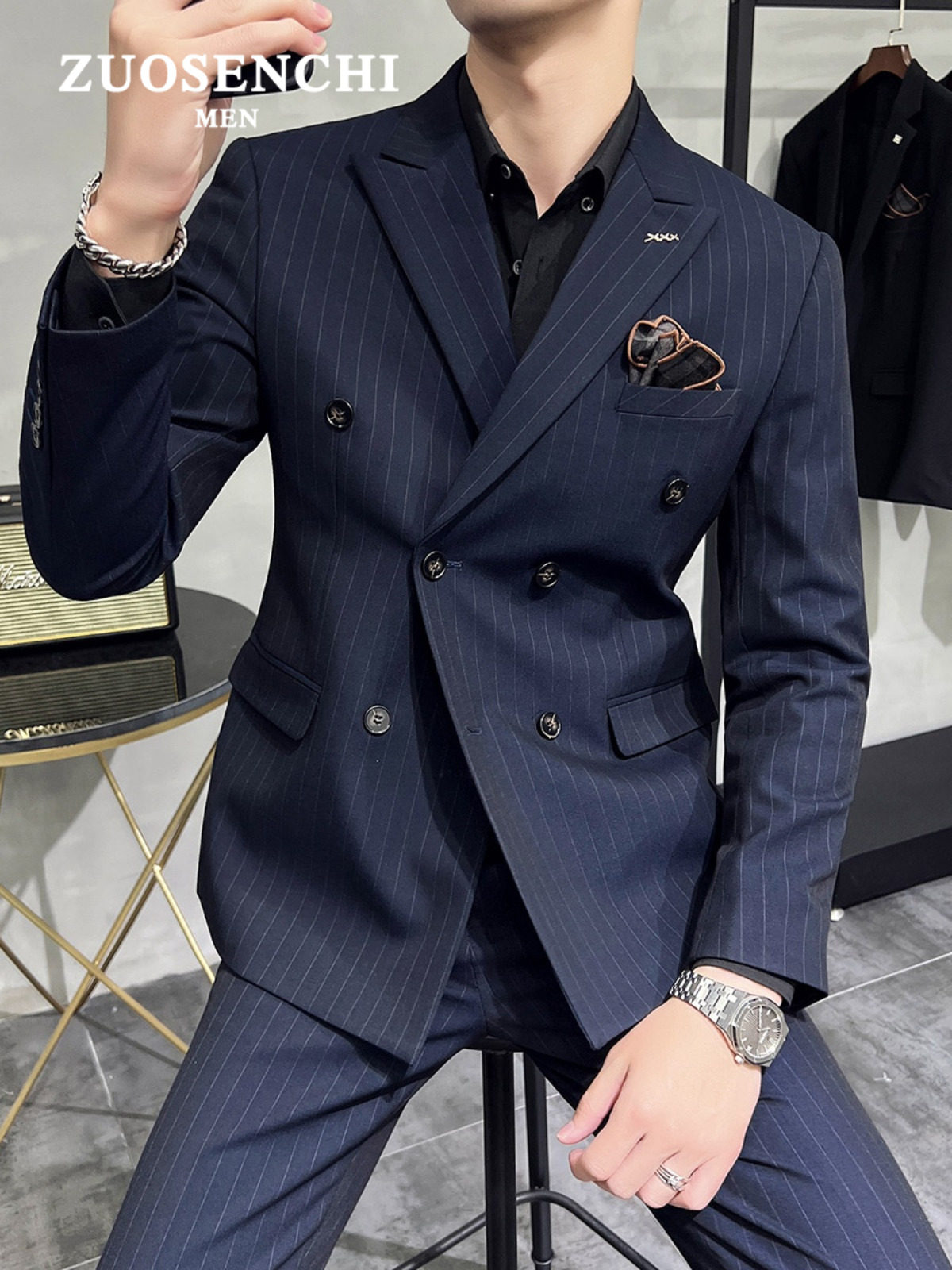 SPRING AND AUTUMN DOUBLE-BREASTED STRIPED SUIT SUIT MENS SLIM FORMAL WEAR HIGH-END BUSINESS CASUAL SUIT WEDDING GROOM SUIT