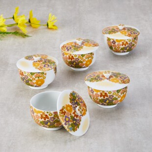 日本原装进口九谷烧陶瓷釉下彩金花詰带盖家用轻奢茶杯5个装礼盒