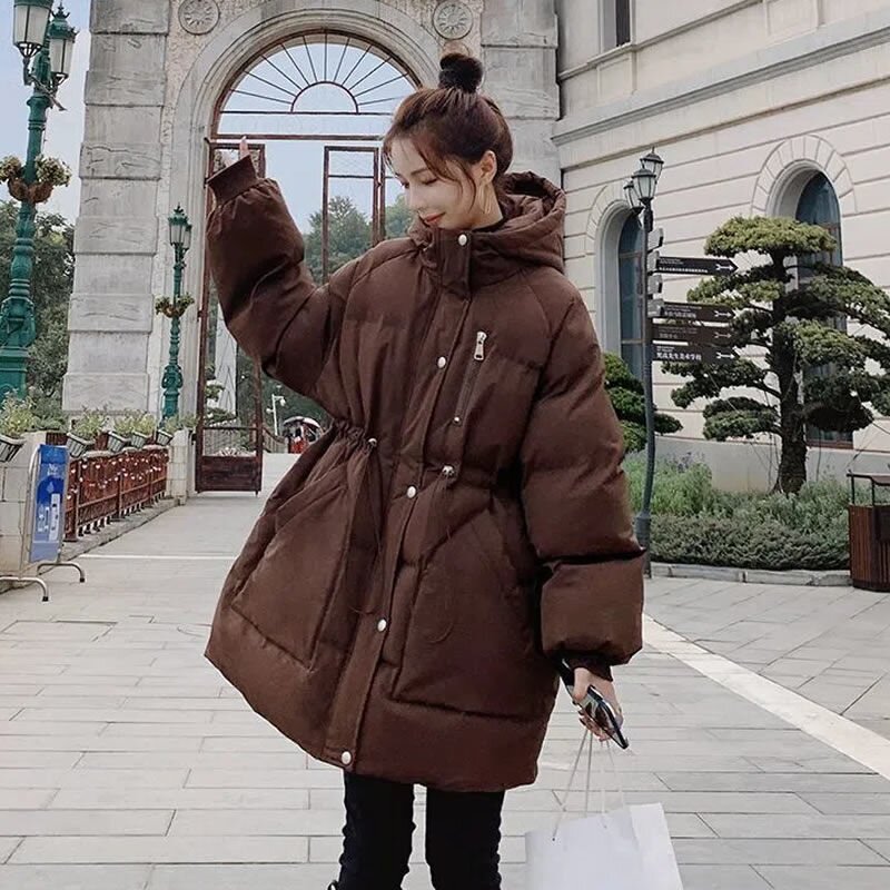 2025咖色收腰棉服女冬中长款设计感小众韩系冬装2025新款加厚羽绒