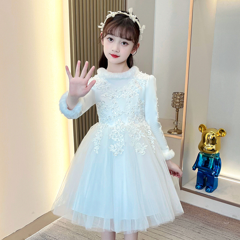 女童晚礼服公主裙生日宴十岁高级感红蓝色简约秋冬加绒厚儿主持人