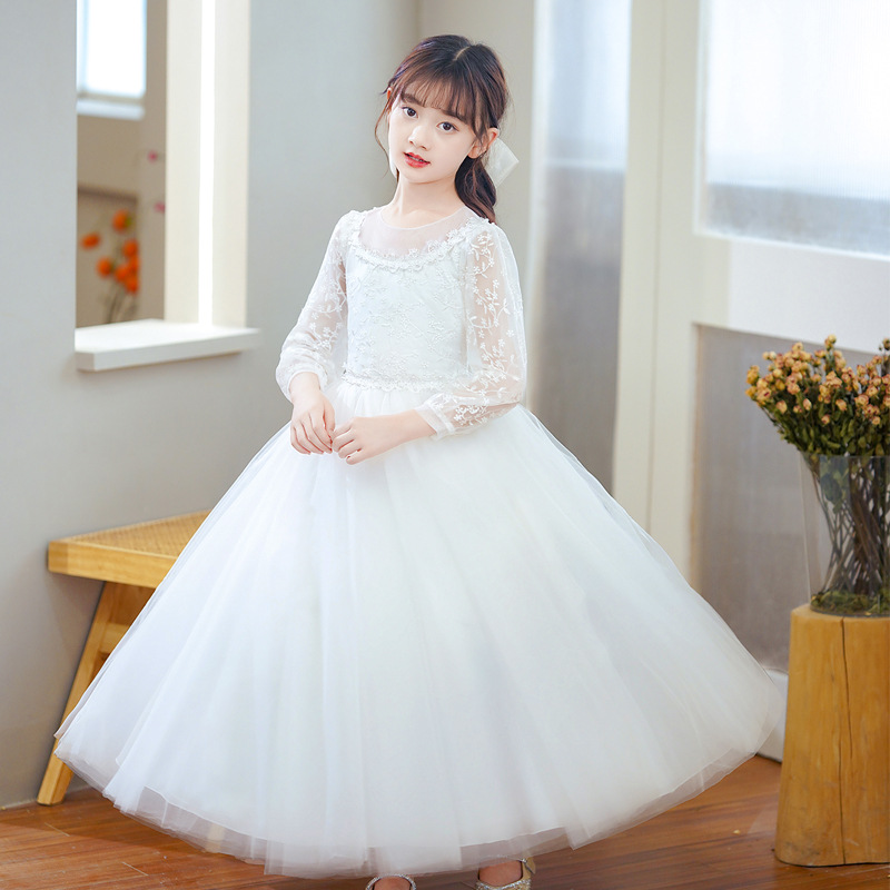 儿童生日女童礼服公主裙子平时可穿春秋冬长袖主持人白色高端洋气