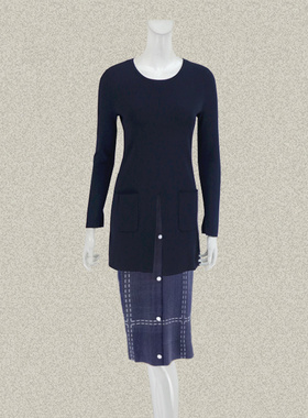 卡迪DL 贴袋前开叉深蓝色显瘦百搭女春夏秋小码长袖针织上衣 Q017