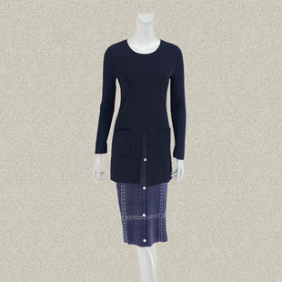卡迪DL 贴袋前开叉深蓝色显瘦百搭女春夏秋小码长袖针织上衣 Q017